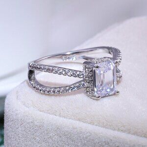 Trendy Double Layer Cross Rectangle Radiant Cut Silver Ring for Women, VIP495